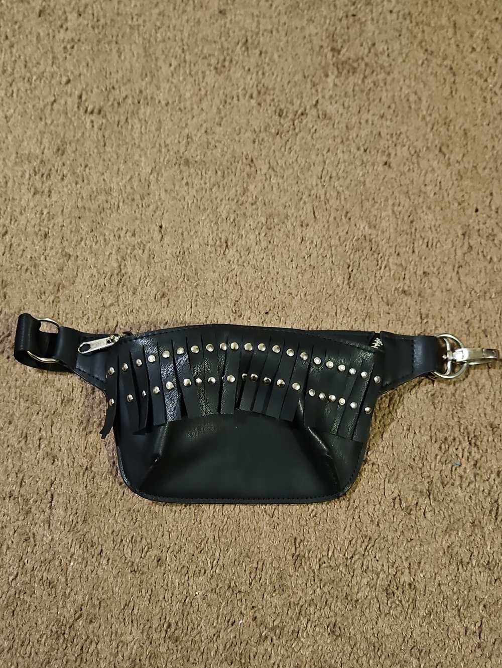 Fringe Studded Little Girls Black Faux Leather Waist Bag